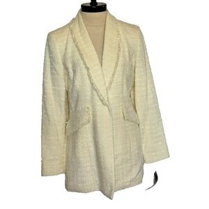 Le Suit Tweed Blazer Vanilla Cream Sparkle Shawl Collar Fringe Jacket Size 6 NEW